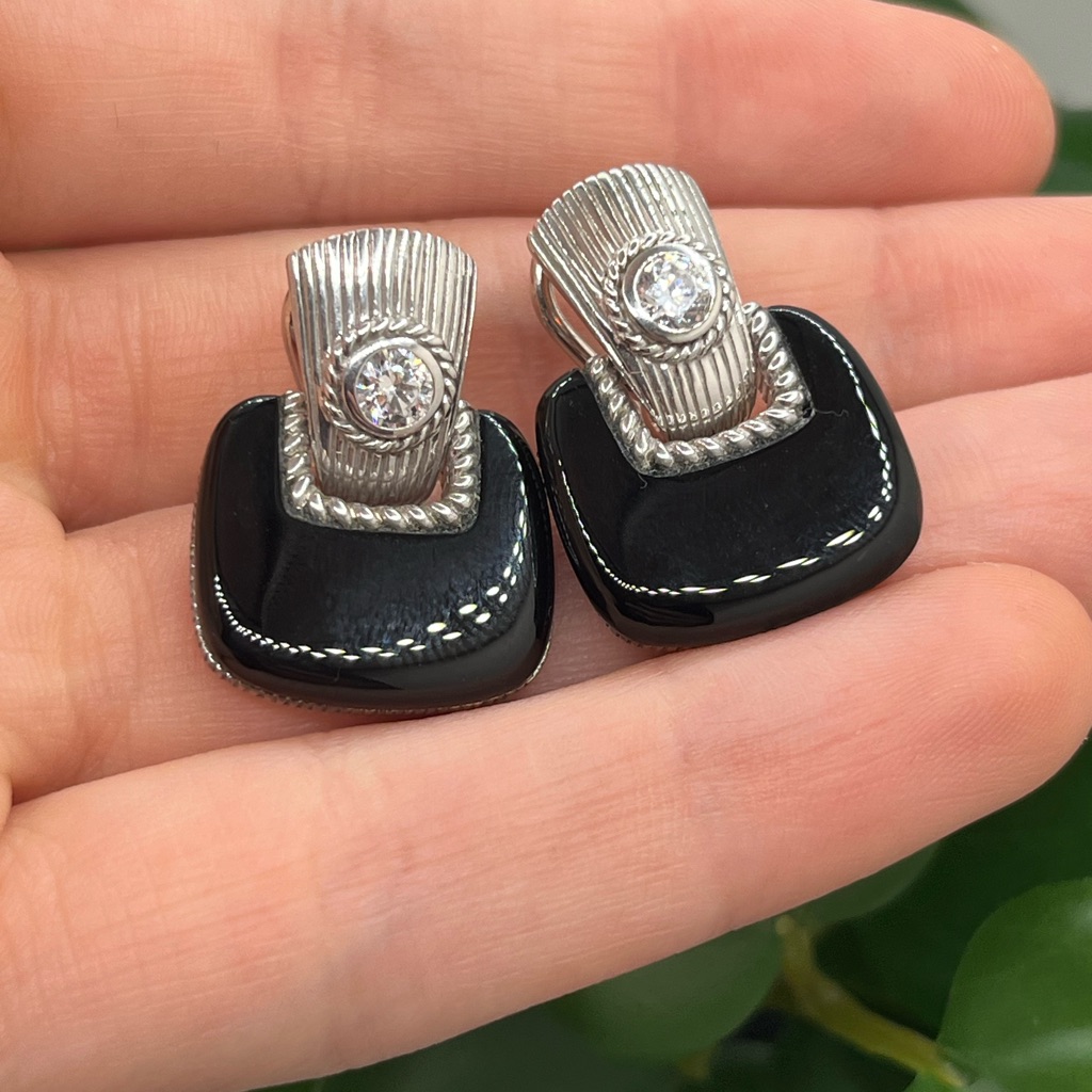 Judith Ripka Sterling Silver Onyx Cz Omega Back Earrings 120$